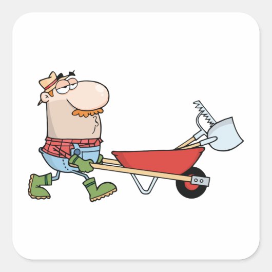 Cartoon boer met kruiwagen en gereedschap vierkante sticker (Voorkant)