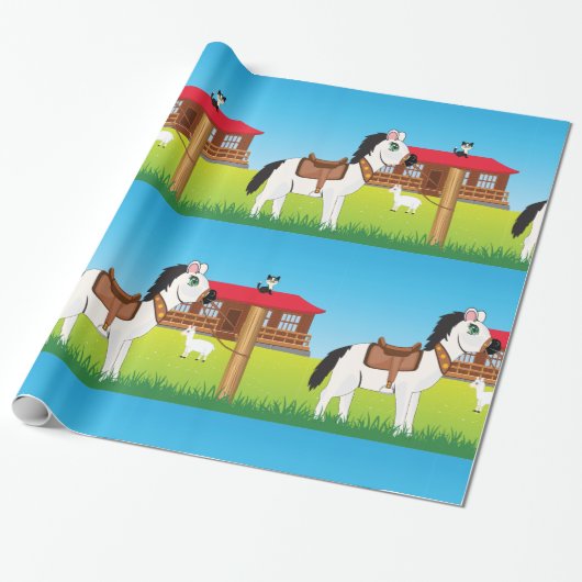 Cartoon Boerderij Scene met Paard Kat en Geit Cadeaupapier (Uitgerold)
