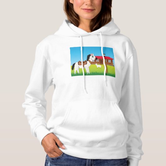 Cartoon Boerderij Scene met Paard Kat en Geit Hoodie (Voorkant)