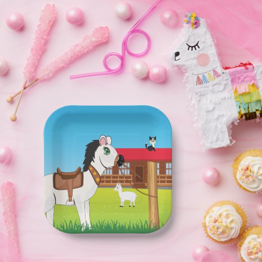 Cartoon Boerderij Scene met Paard Kat en Geit Papieren Bordje (Feest)