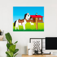 Cartoon Boerderij Scene met Paard Kat en Geit