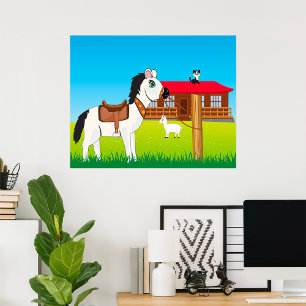 Cartoon Boerderij Scene met Paard Kat en Geit Poster