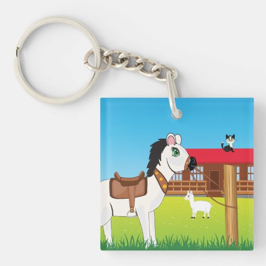 Cartoon Boerderij Scene met Paard Kat en Geit Sleutelhanger (voorkant)