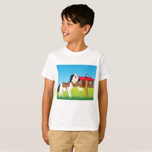 Cartoon Boerderij Scene met Paard Kat en Geit T-shirt (Voorkant volledig)