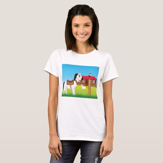 Cartoon Boerderij Scene met Paard Kat en Geit T-shirt (Voorkant volledig)