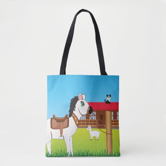 Cartoon Boerderij Scene met Paard Kat en Geit Tote Bag (Voorkant)