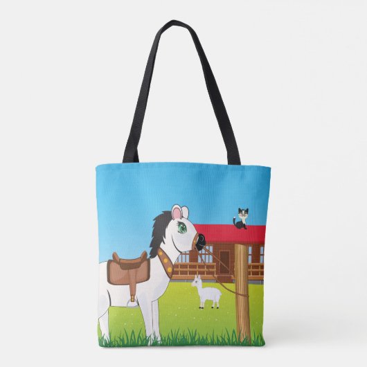 Cartoon Boerderij Scene met Paard Kat en Geit Tote Bag (Achterkant)