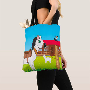 Cartoon Boerderij Scene met Paard Kat en Geit Tote Bag