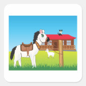 Cartoon Boerderij Scene met Paard Kat en Geit Vierkante Sticker (Voorkant)