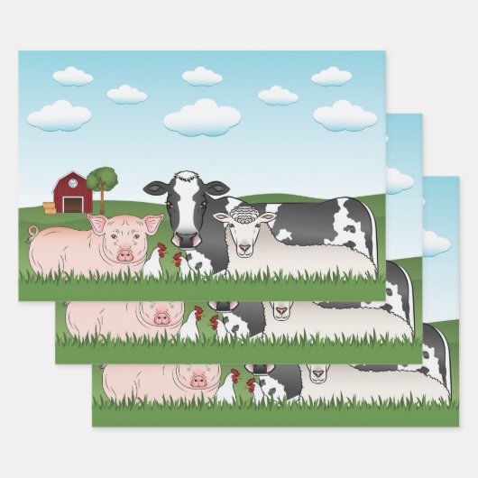 Cartoon boerderijdieren met groen gras en blauwe l inpakpapier vel (Set)