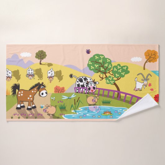 cartoon boerderijdieren op het platteland bad handdoek (Badhanddoek)
