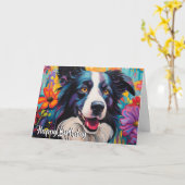Cartoon Border Collie in een Tuin Custom Kaart (Gele Bloem)