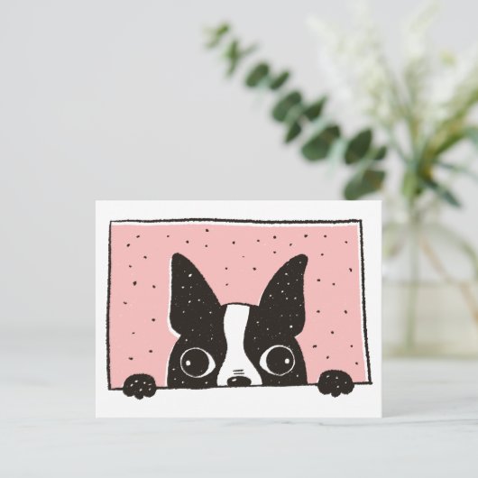 Cartoon Boston Terrier bij het Window Briefkaart (Staand voorkant)