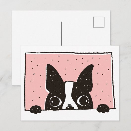 Cartoon Boston Terrier bij het Window Briefkaart (Voorkant / Achterkant)