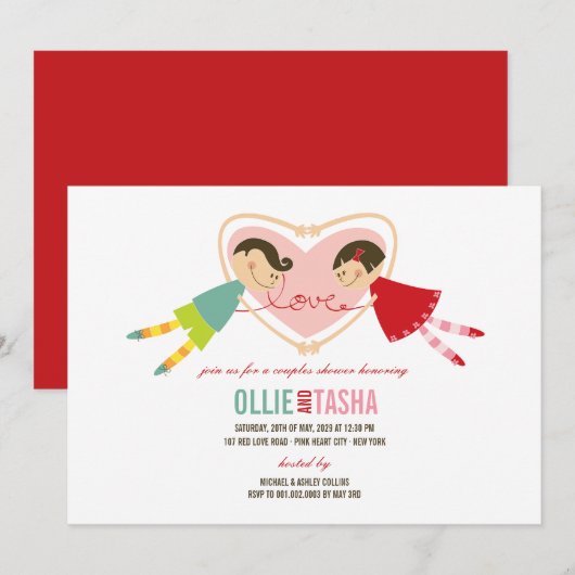 Cartoon Boy Girl Love Heart Couples Wedding Shower Kaart (Voorkant / Achterkant)