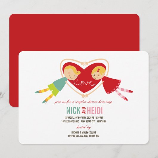 Cartoon Boy Girl Love Heart Couples Wedding Shower Kaart (Voorkant / Achterkant)