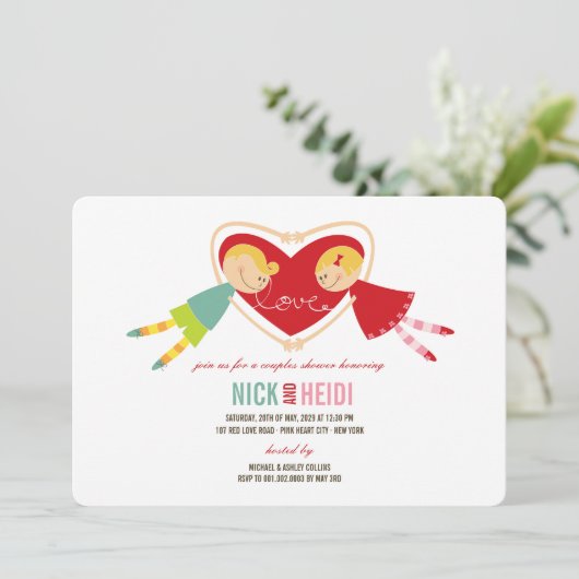 Cartoon Boy Girl Love Heart Couples Wedding Shower Kaart (Staand voorkant)