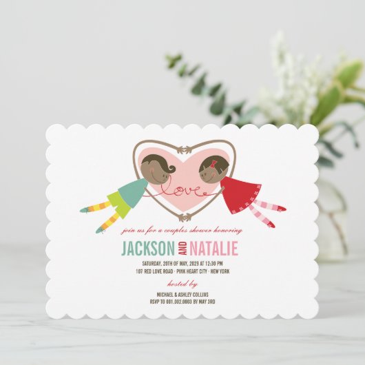 Cartoon Boy Girl Love Heart Couples Wedding Shower Kaart (Staand voorkant)