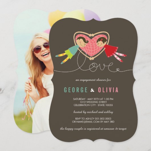 Cartoon Boy Girl Love Verloving Shower Invite Kaart (Voorkant / Achterkant)