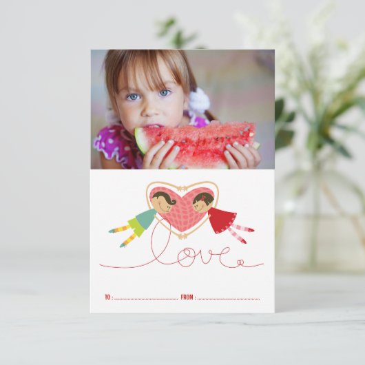 Cartoon Boy Hearts Girl Classroom Valentijnsdag Kaart (Staand voorkant)