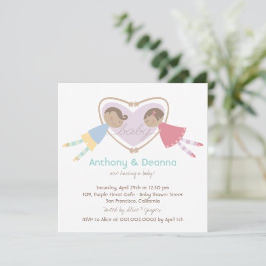 Cartoon Boy Hearts Girl Love Couples Baby shower Kaart (Staand voorkant)