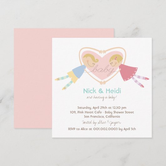 Cartoon Boy Hearts Girl Love Couples Baby shower Kaart (Voorkant / Achterkant)