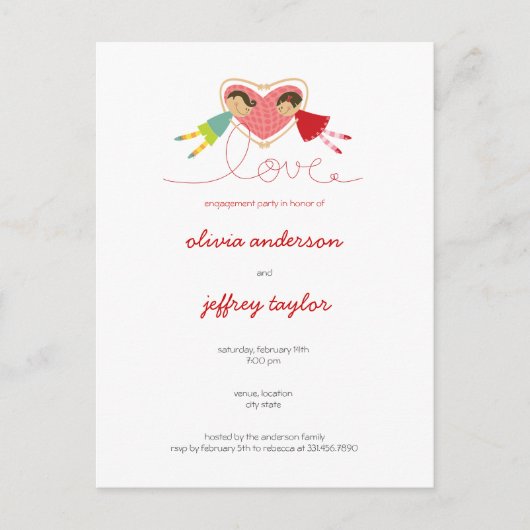 Cartoon Boy Hearts Girl Love Invitation Briefkaart (Voorkant)