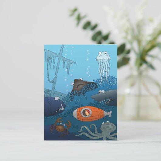 Cartoon Boy Onderzeese Onderzeedieren Koraalwereld Briefkaart (Staand voorkant)