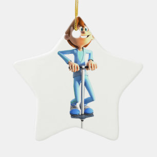 Cartoon Boy op een Pogo Stick Keramisch Ornament