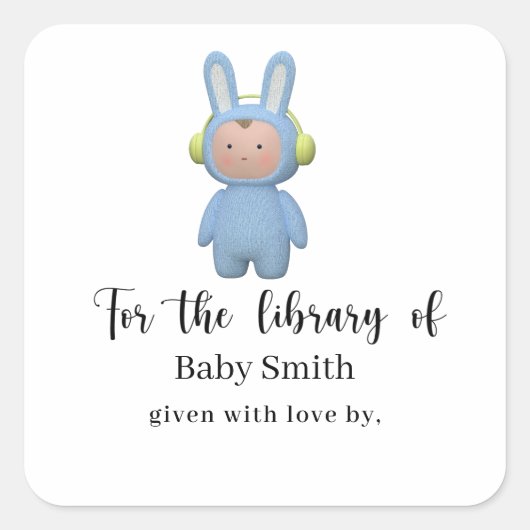 cartoon boy rabbit Baby Shower Library Vierkante Sticker (Voorkant)