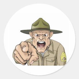 Cartoon boze legerboor sergeant schreeuwen ronde sticker
