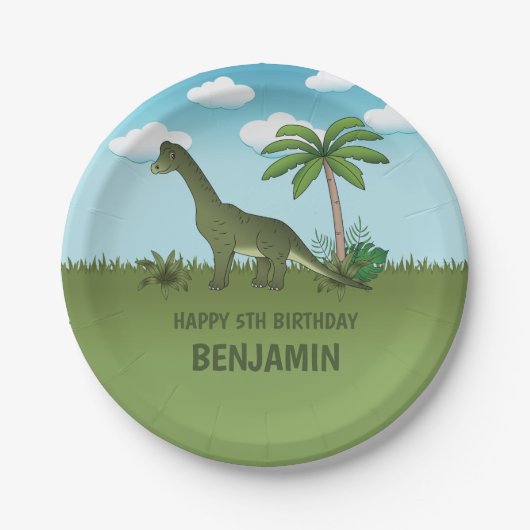 Cartoon Brachiosaurus Dinosaur Kinderverjaardag Papieren Bordje (Voorkant)