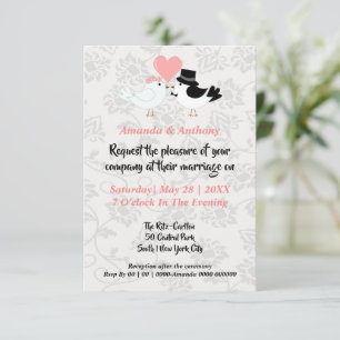 Cartoon Bride en Groom Birds Invitation Kaart