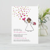 Cartoon Bride Fuchsia Hearts Flowers Vrijgezellenf Kaart (Staand voorkant)