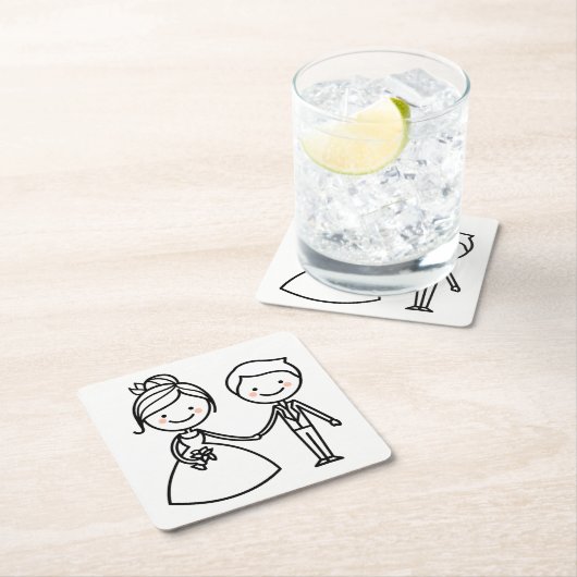 Cartoon Bride & Groom Black and White Wedding Kartonnen Onderzetters (Insitu)