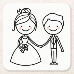 Cartoon Bride & Groom Black and White Wedding Kartonnen Onderzetters