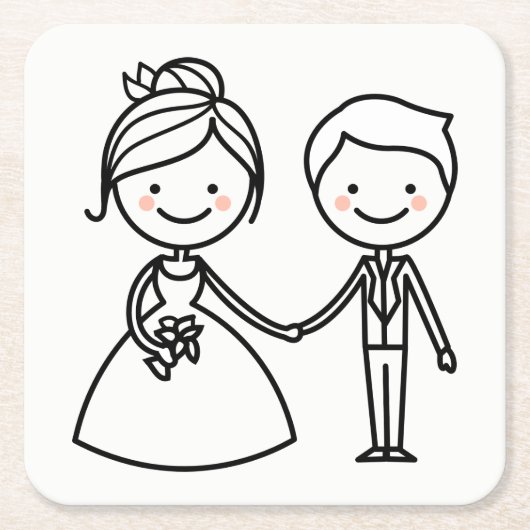 Cartoon Bride & Groom Black and White Wedding Kartonnen Onderzetters (Voorkant)