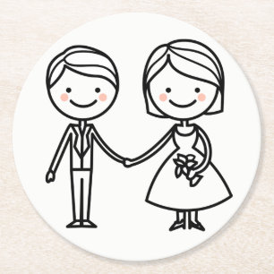 Cartoon Bride & Groom Black and White Wedding Ronde Kartonnen Onderzetter