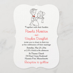 Cartoon Bride & Groom Black, White & Red Wedding Kaart