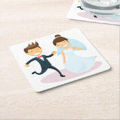 Cartoon Bride & Groom Dansbruilding net getrouwd Kartonnen Onderzetters (Schuin)