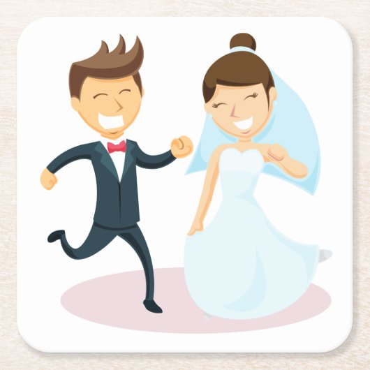 Cartoon Bride & Groom Dansbruilding net getrouwd Kartonnen Onderzetters (Voorkant)