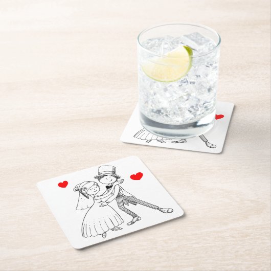 Cartoon Bride & Groom Dansbruilding net getrouwd Kartonnen Onderzetters (Insitu)