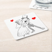 Cartoon Bride & Groom Dansbruilding net getrouwd Kartonnen Onderzetters (Schuin)