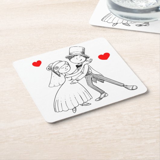 Cartoon Bride & Groom Dansbruilding net getrouwd Kartonnen Onderzetters (Schuin)