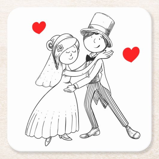 Cartoon Bride & Groom Dansbruilding net getrouwd Kartonnen Onderzetters (Voorkant)