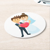 Cartoon Bride & Groom Red Heart Wedding Ronde Kartonnen Onderzetter (Gebogen)