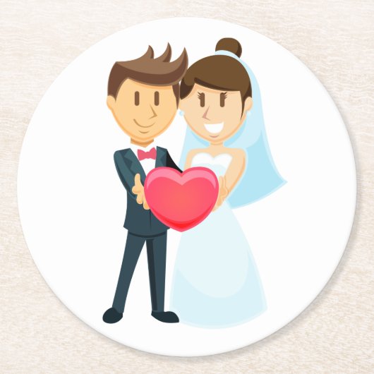 Cartoon Bride & Groom Red Heart Wedding Ronde Kartonnen Onderzetter (Voorkant)