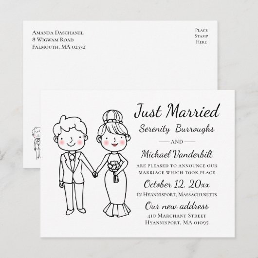 Cartoon Bride Groom trouwt alleen maar Aankondigingskaart (Voorkant / Achterkant)