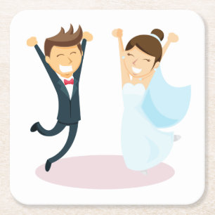 Cartoon Bride & Groom Wedding Kartonnen Onderzetters
