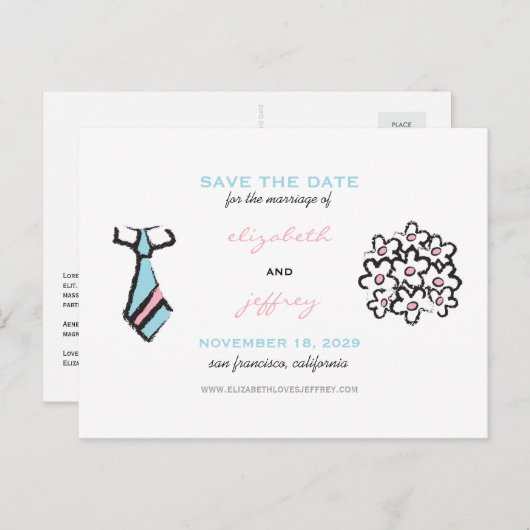 Cartoon Bride Groom Wedding sparen de Datum Briefk Aankondigingskaart (Voorkant / Achterkant)